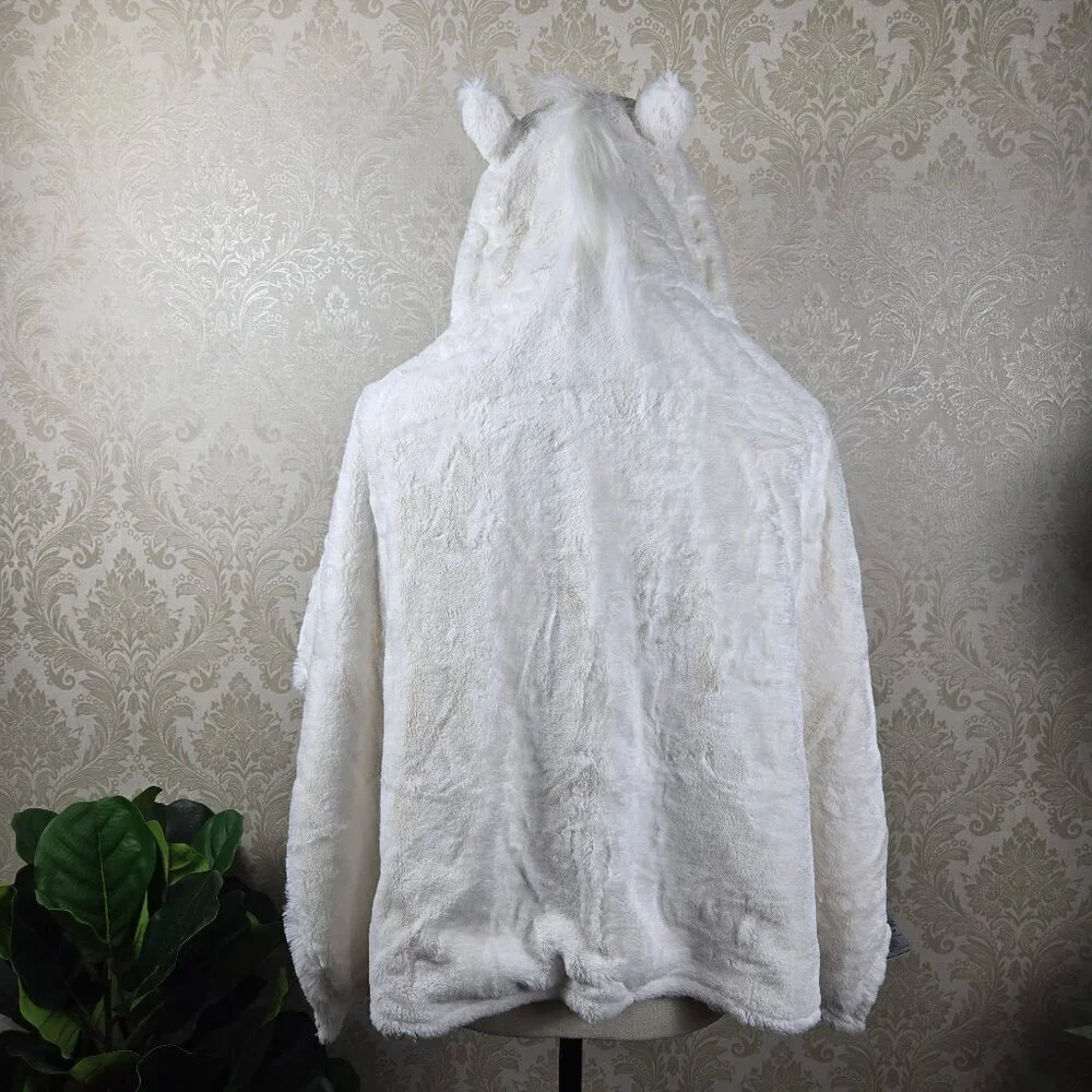 Pottery Barn Kids White Unicorn Hooded Towel/Blanket Gold Horn Terry/Faux Fur